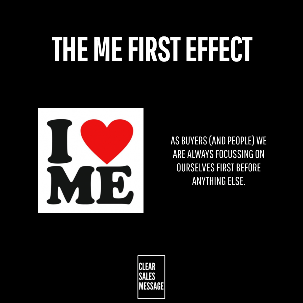 Black background with large title the me first effect left a white square logo i ♥ me right a white text block as buyers and people we are always focusing on ourselves first before anything else