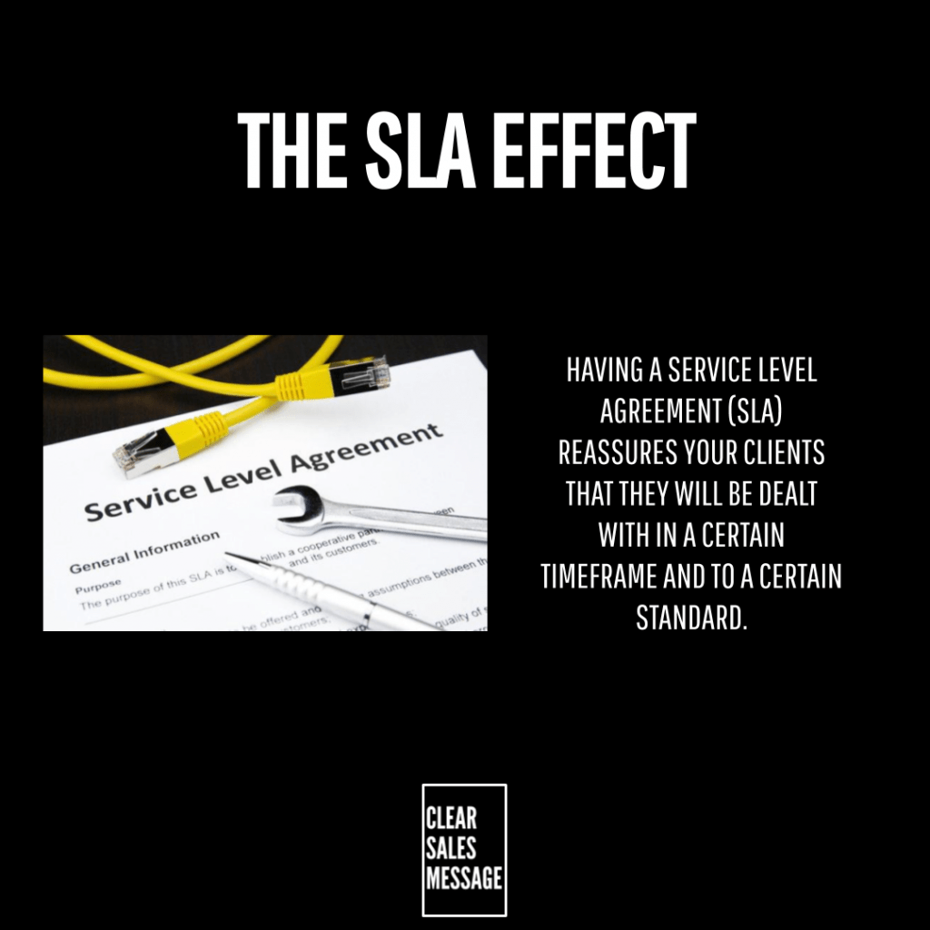 The sla effect Infographic with title the sla effect Left a service level agreement form with yellow cables and a wrench Right explanatory text about sla