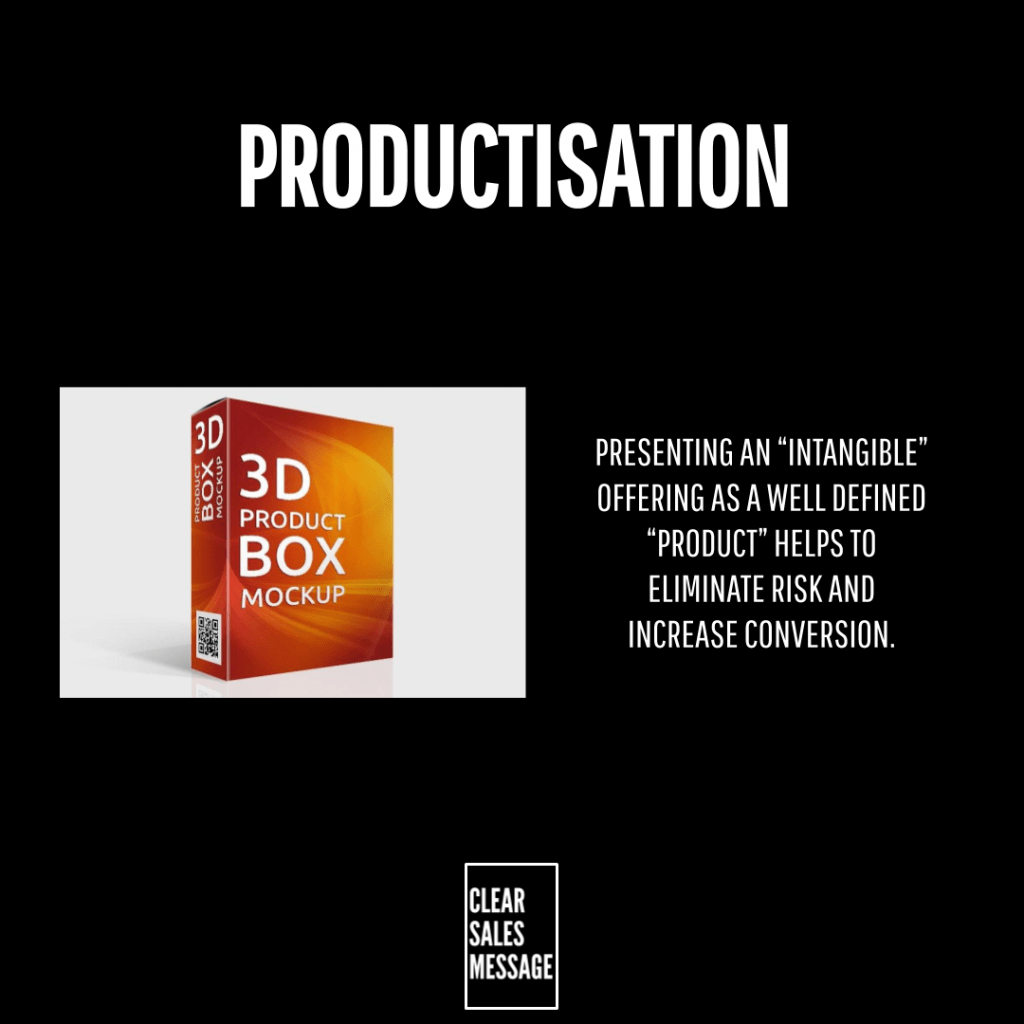 Productisation Slide titled production with a 3d orange product box on the left and a paragraph about presenting offerings as products on the right on a black background