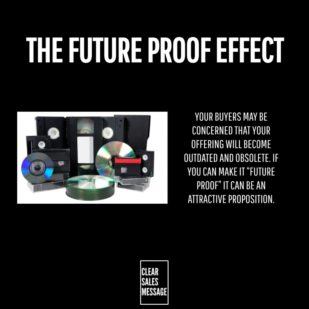 The future proof effect Marketing hero on black background large heading the future proof effect left collage of media discs and tapes right explanatory paragraph about future proof offerings bottom clear sales message logo