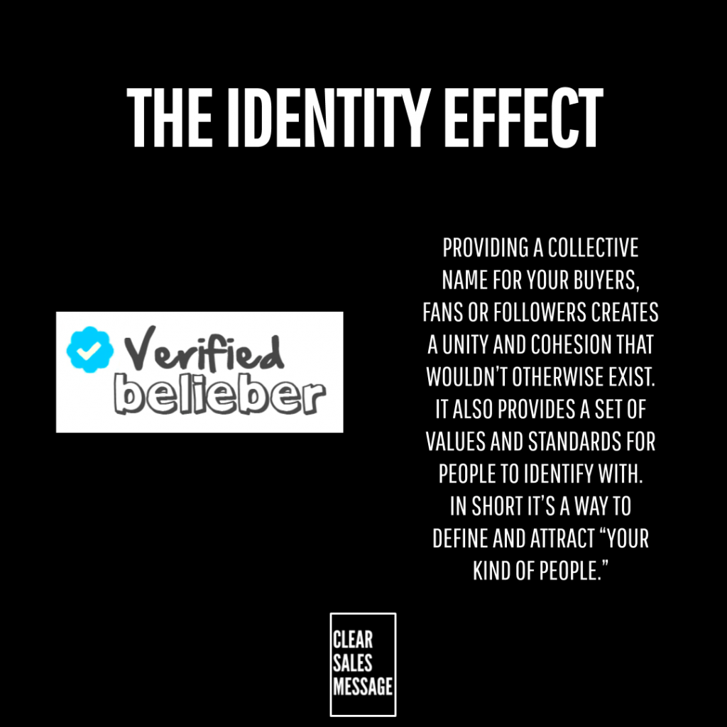 The identity effect 2 Slide titled the identity effect on a black background with a bold white heading left side shows a verified belieber logo with a blue checkmark right side contains a paragraph about creating a collective name and brand values