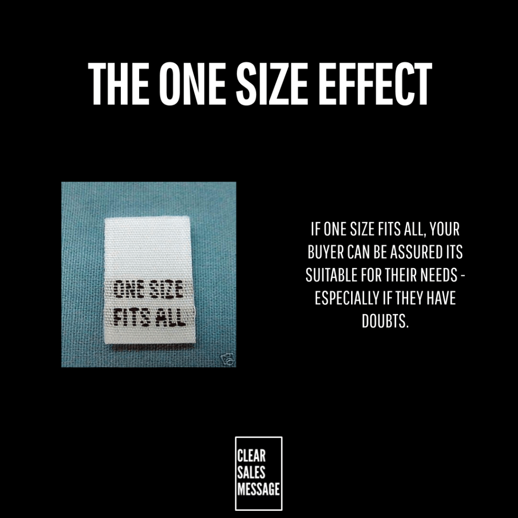 Hero layout with the title the one size effect left shows a one size fits all fabric tag right block explains how one size fits all reassures buyers brand clear sales message at bottom