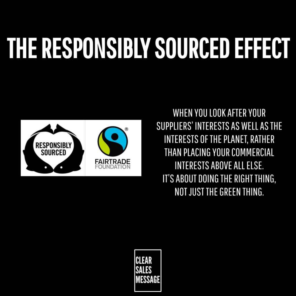 Black poster with the title the responsibly sourced effect in white left side logos for responsibly sourced and fairtrade foundation and right side text about ethical sourcing plus a small clear sales message badge below