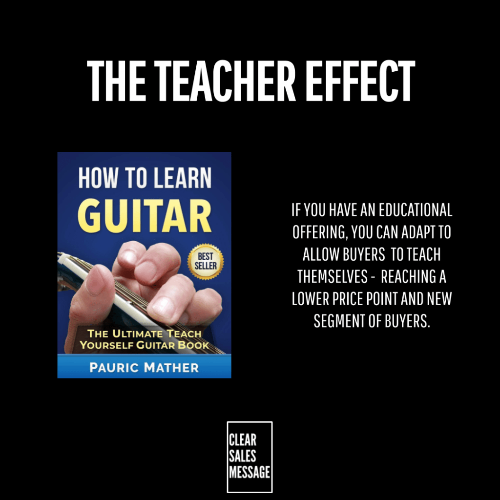 Poster for the teacher effect with a blue guitar book cover on the left and a right side text blurb on a black background plus a clear sales message logo at the bottom