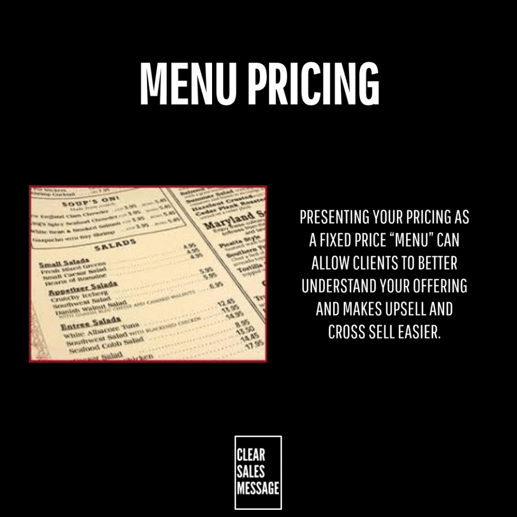 Slide titled menu pricing with a menu photo on the left and text about fixed price pricing supporting upsells