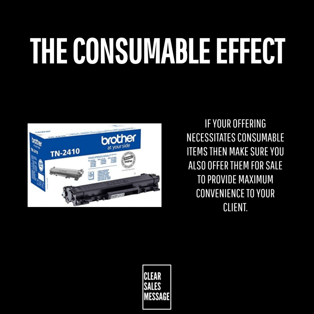 The consumable effect Black page with large title the consumable effect left shows brother tn 2410 toner box and cartridge right urges selling consumables for client convenience