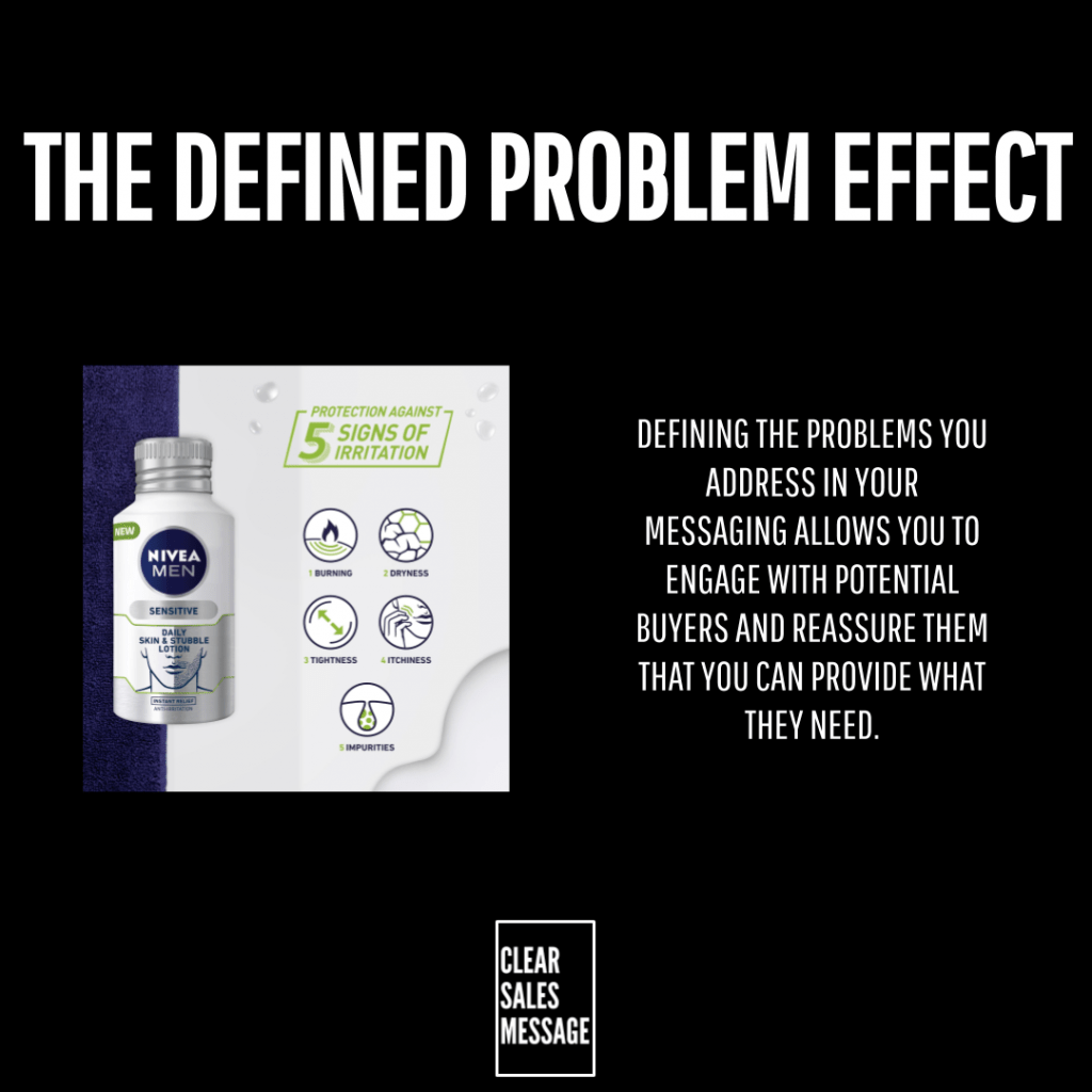 The defined problem effect Hero banner titled the defined problem effect on a black background left shows a nivea product and a 5 signs of irritation infographic right displays explanatory text about defining problems to engage buyers
