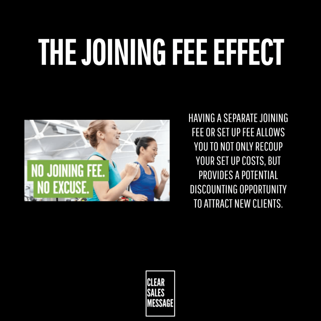 The joining fee effect Slide titled the joining fee effect left image shows runners with the green caption no joining fee No excuse right column explains benefits bottom logo clear sales message