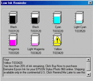 Screenshot of a printer low ink reminder window showing eight ink cartridges two blacks cyan light cyan magenta yellow with colored fill levels and a yellow warning icon announcing low yellow ink t033420 below is a text area with a purchase notice