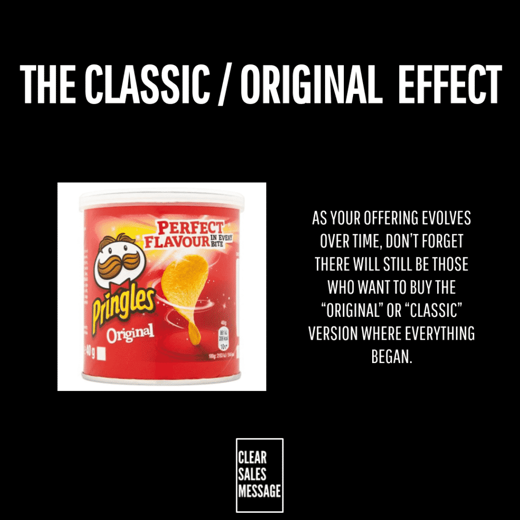 Poster on black background with the title the classic  original effect left shows a pringles original can right a paragraph about offering both original and classic small clear sales message logo at the bottom