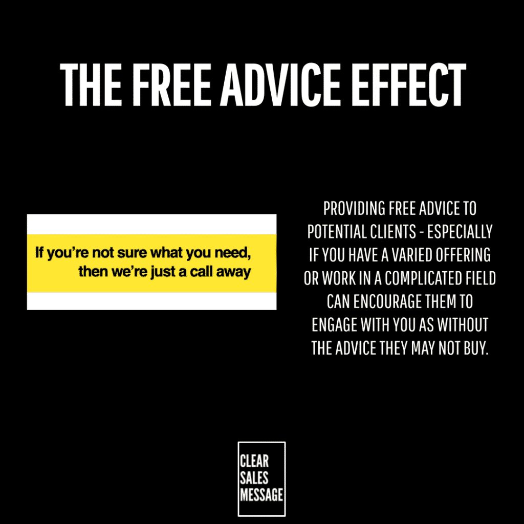 The free advice effect Black promotional graphic with bold white title the free advice effect left yellow callout reads if youre not sure what you need then were just a call away right column contains a paragraph about offering free advice small clear sales message logo at the bottom
