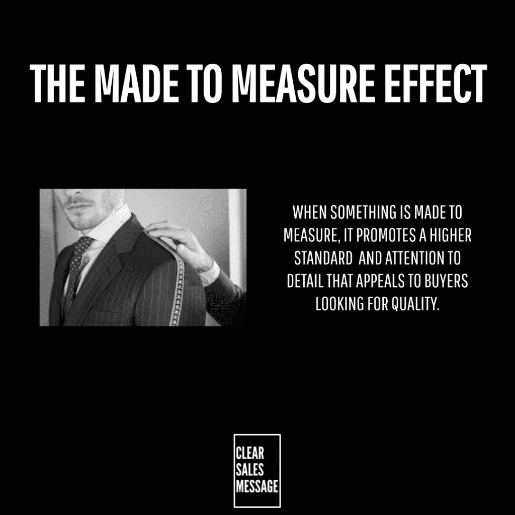 Promotional banner title the made to measure effect with a suited man being measured and a quality quote card plus a clear sales message logo at the bottom