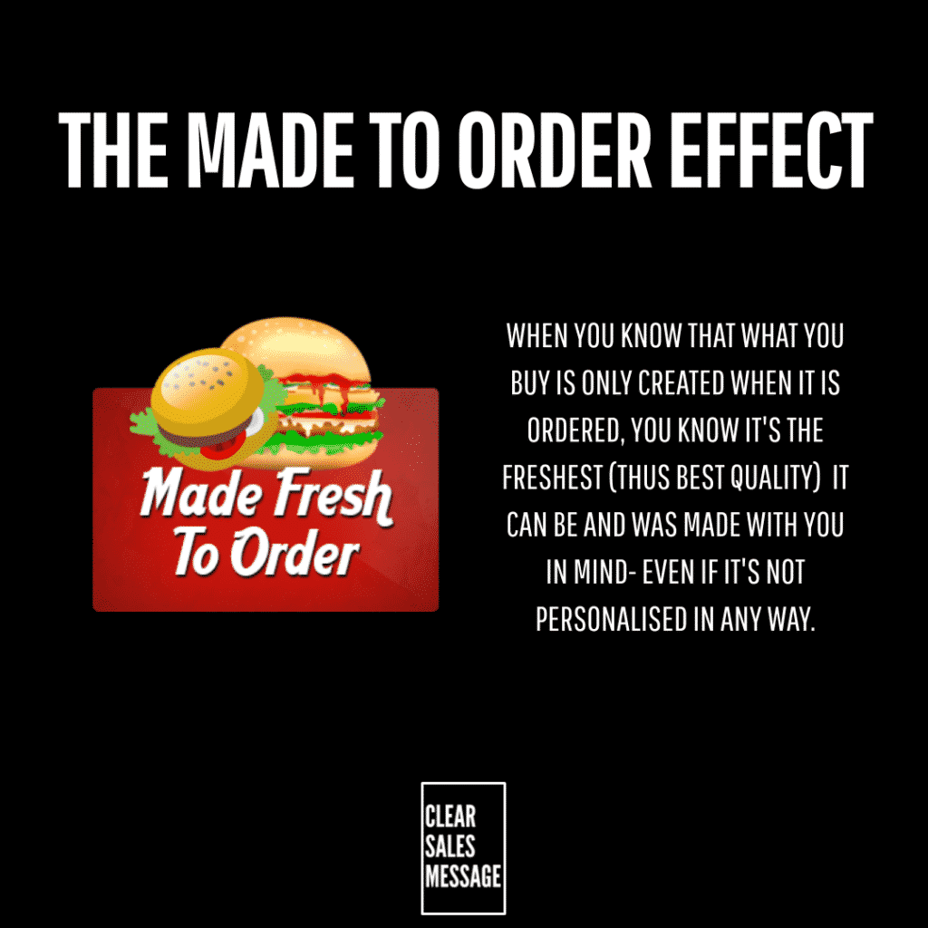 Poster style graphic title the made to order effect with a red made fresh to order card and burger on the left and a right aligned paragraph about fresh order made products