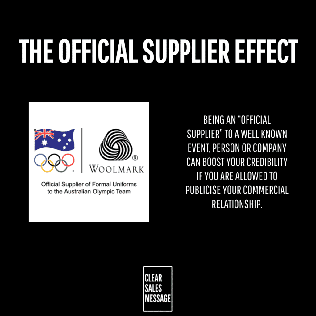 Hero slide with title the official supplier effect left white logo block with australia flag olympic rings and woolmark right paragraph about credibility from official supplier relationship bottom small clear sales message box