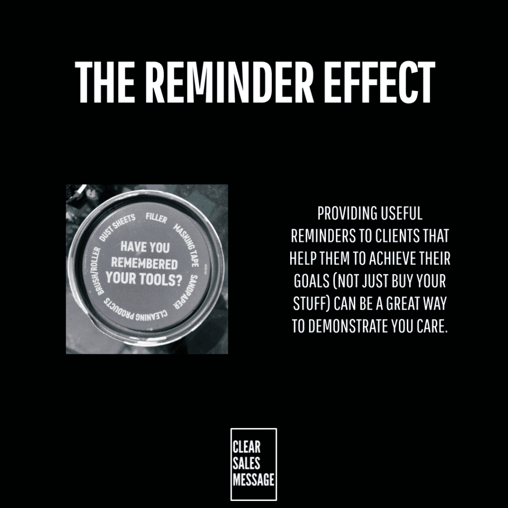 Slide titled the reminder effect with a grayscale can lid image on the left asking have you remembered your tools  and a right panel with a block of text about providing reminders to help clients reach goals small clear sales message logo at the bottom