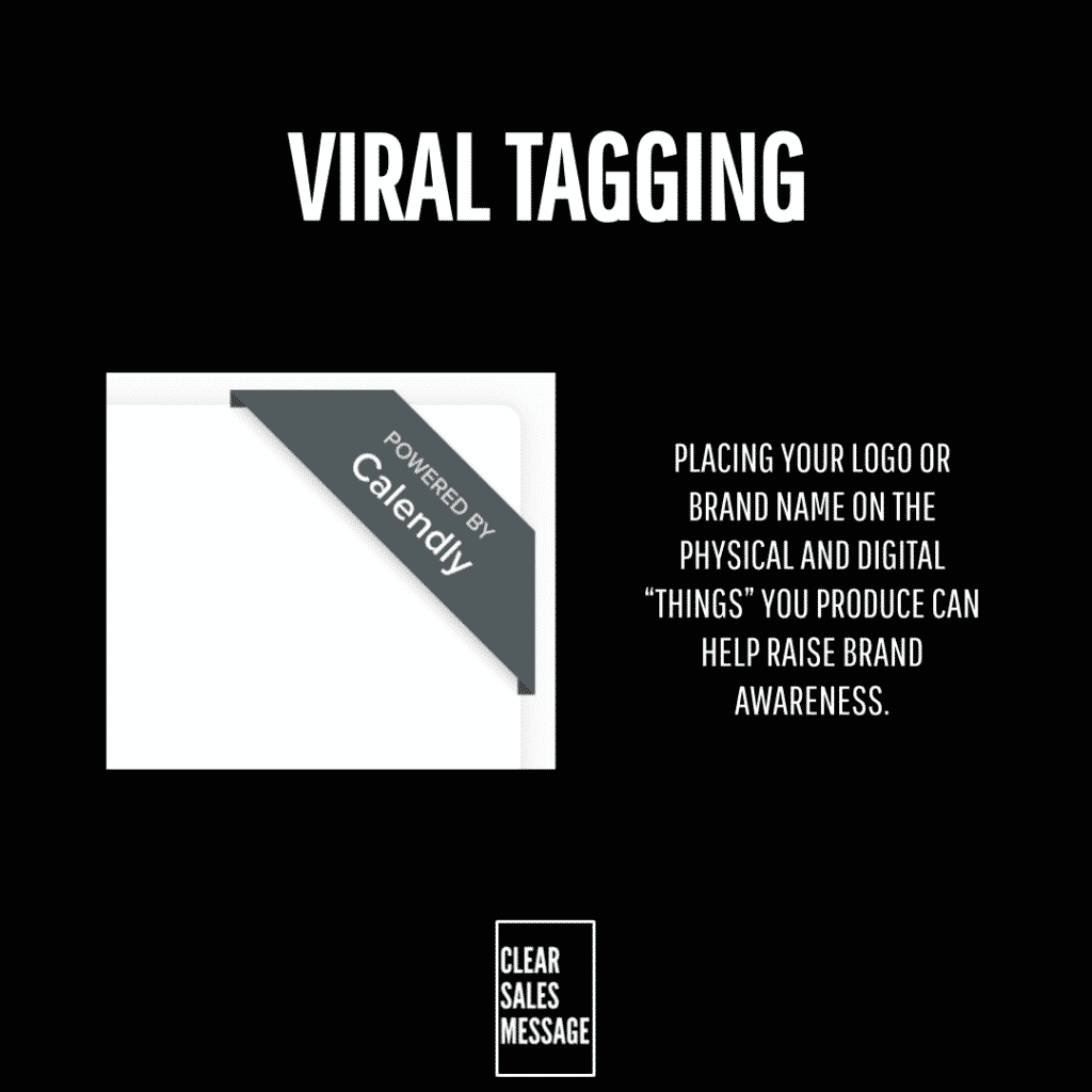 Slide titled viral tagging showing a calendar tag graphic and branding tip about placing a logo on produced items to raise awareness