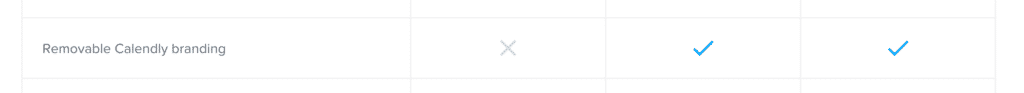 Row in a feature table removable calendly branding with an x then two blue check marks indicating available statuses