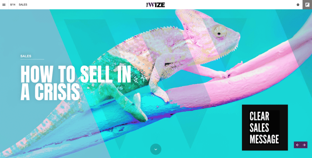 Vibrant turquoise hero image with a colorful chameleon and bold white text reading how to sell in a crisis on the left