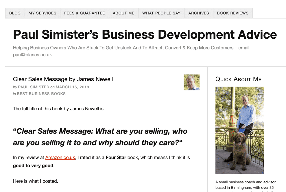 Blog post page titled paul simisters business development advice with article clear sales message and a quick about me sidebar showing author photo and dog