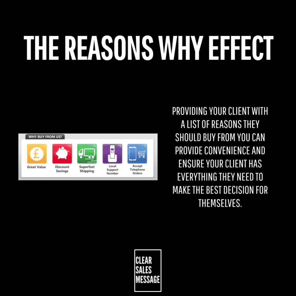 Infographic slide on a black background with a large title the reasons why effect right side paragraph about offering clients reasons to buy a row of colorful icons great value discount savings superfast shipping local support number accept telephone orders clear sales message logo at the bottom center
