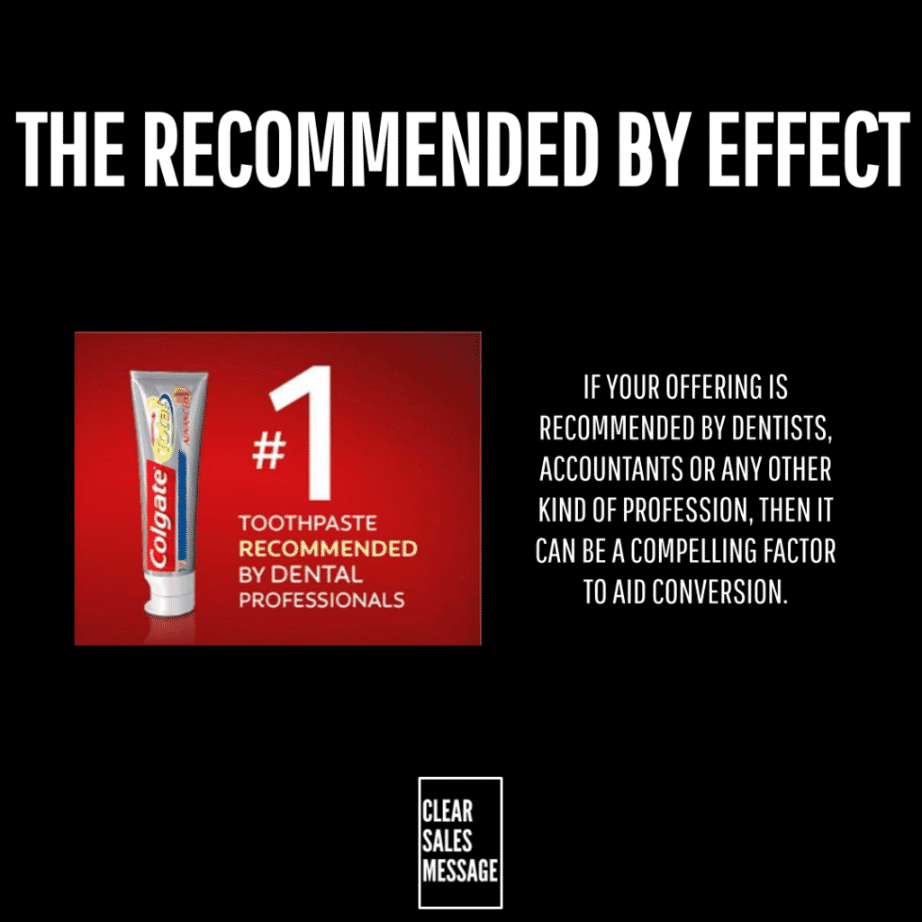 Hero image bold headline the recommended by effect over black background with a red colgate toothpaste image and a right side text block about being 1 toothpaste recommended by dental professionals and a small clear sales message logo below