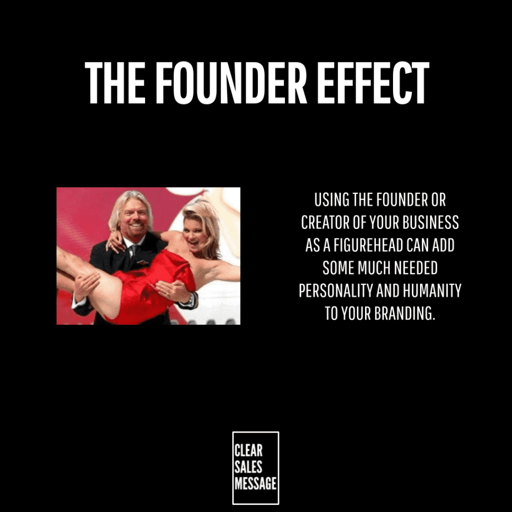 The founder effect Black slide titled the founder effect with a man lifting a woman on the left brand text on the right and a small clear sales message logo at the bottom center