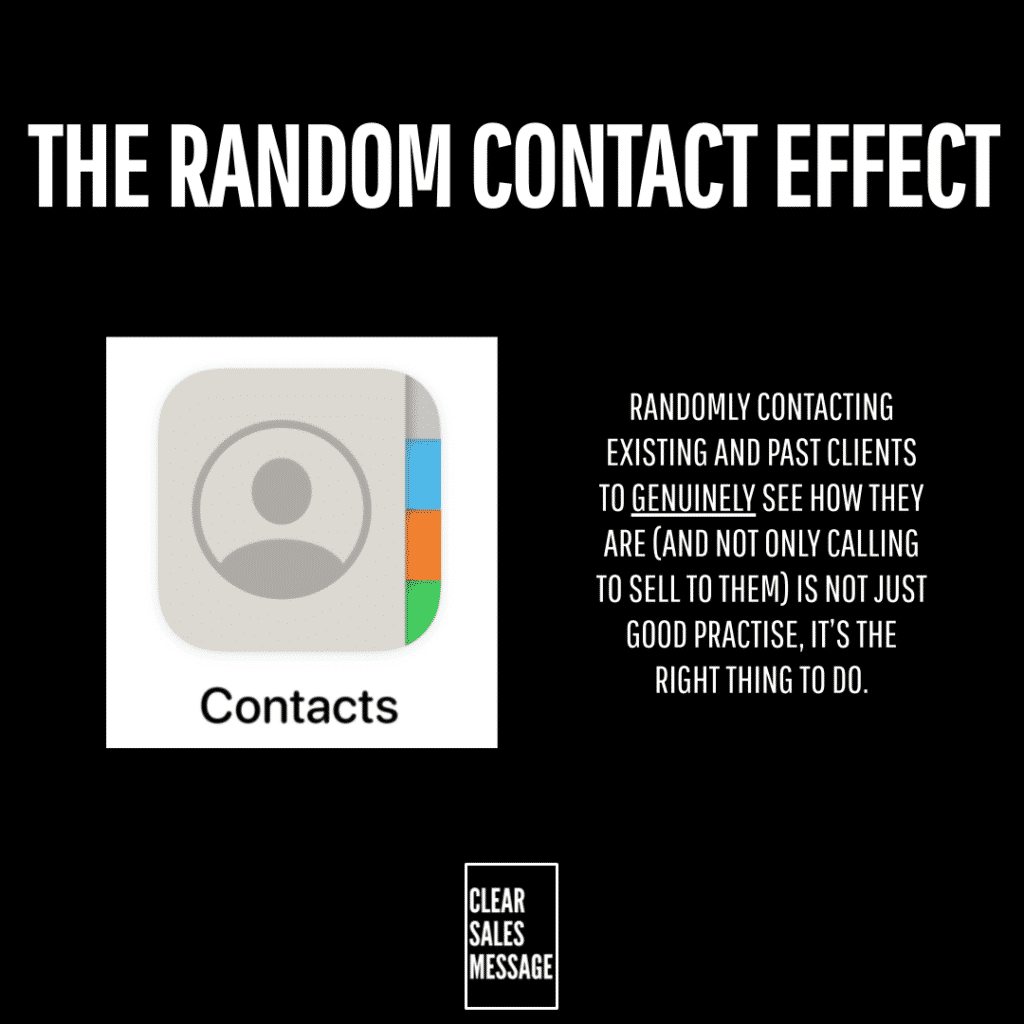 Infographic titled the random contact effect with a contacts app icon on the left and a message about genuinely checking in with clients on the right