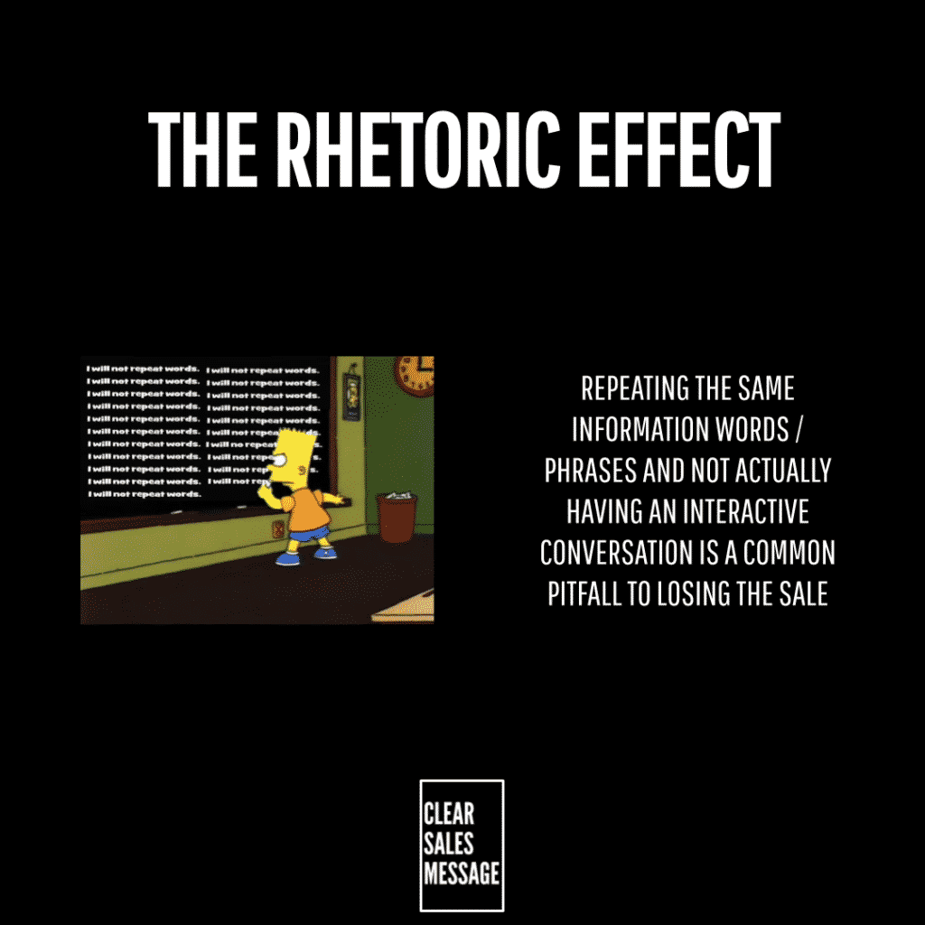 The rhetoric effect Slide titled the rhetoric effect on a black background left image of bart from the simpsons pointing at a board with repeated i will not repeat words text right side states repeating the same information wordsphrases about lost sale bottom logo reads clear sales message