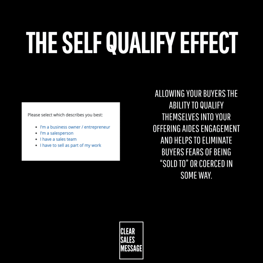 Black slide with the title the self qualify effect in large white letters a white bullet list card on the left and a right side paragraph about helping buyers qualify themselves a clear sales message logo at the bottom