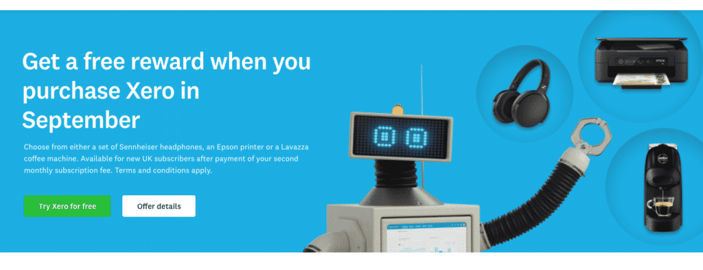 Screenshot 2020 09 11 at 10 23 49 Promotional banner advertising a september xero offer get a free reward when you purchase xero in september with two cta buttons try xero for free offer details and a robot with gadgets on a blue background