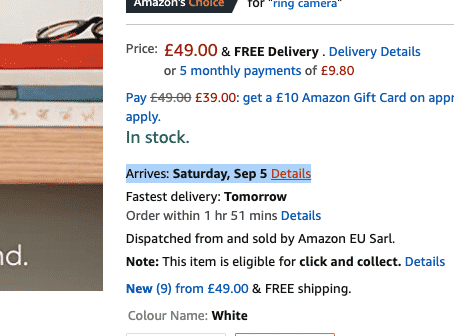 Screenshot 2020 09 02 at 15 38 46 Product page showing price £49 00 free delivery in stock with delivery details included