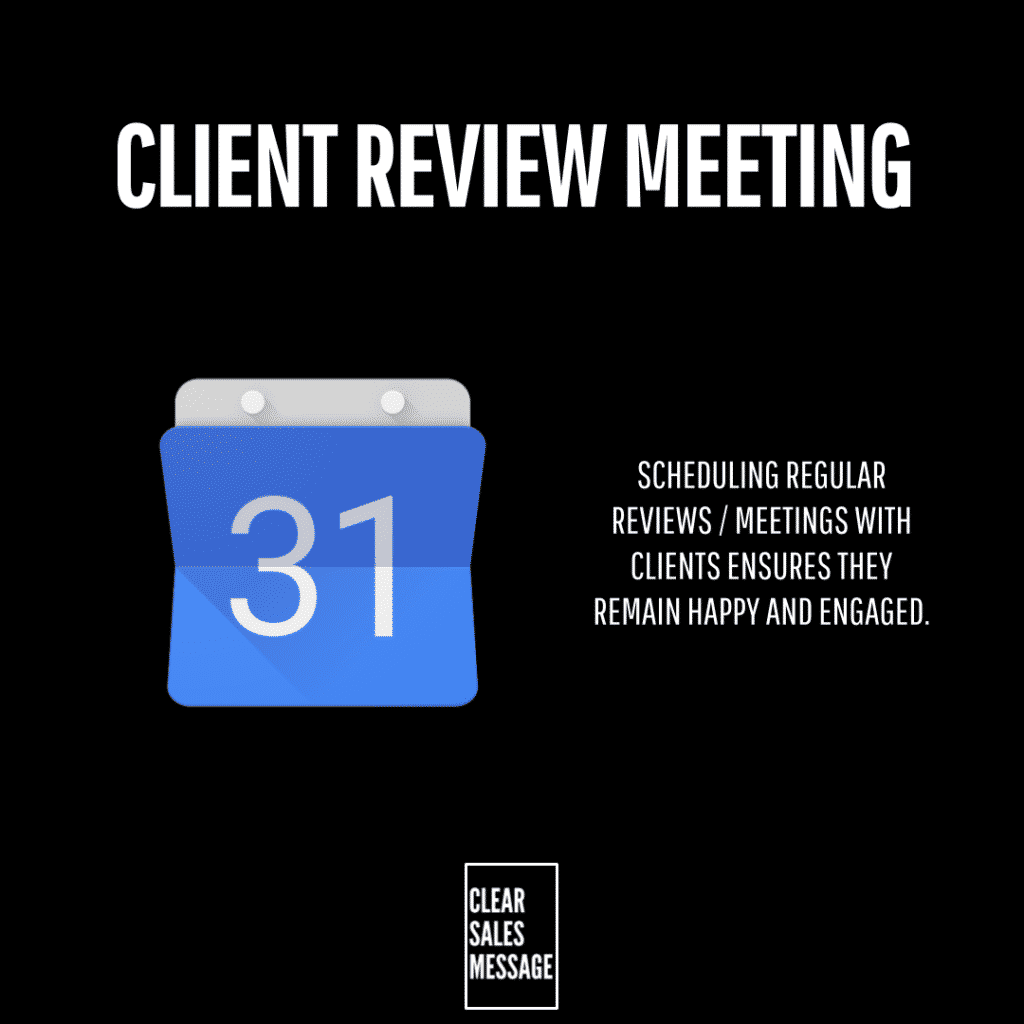 Black poster with large client review meeting title a blue calendar showing 31 and right side text about scheduling regular client reviews to keep them engaged