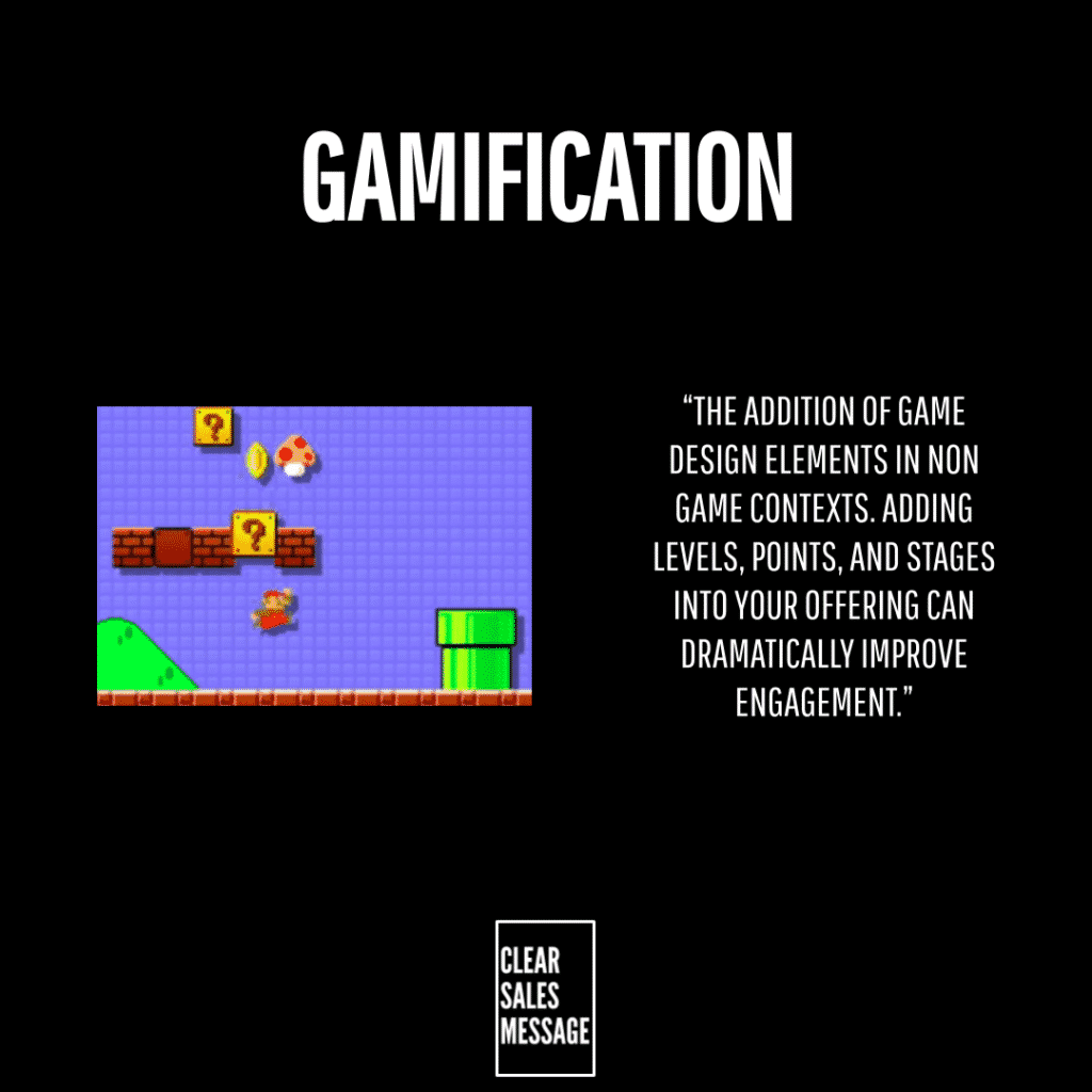 Gamification hero left retro game screenshot right quote about adding game design elements black background brand box below