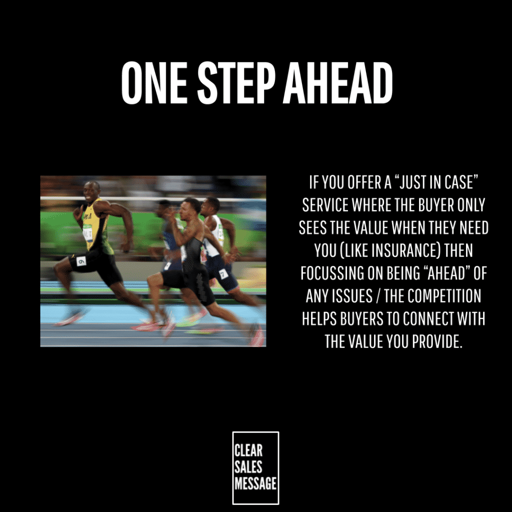 Header one step ahead with a left image of sprinting runners in motion right side shows a block of text about offering proactive value focused service bottom has a clear sales message logo