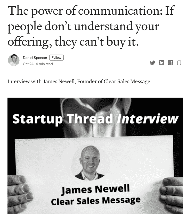 Startup thread interview feature image showing james newells portrait on a card reading clear sales message