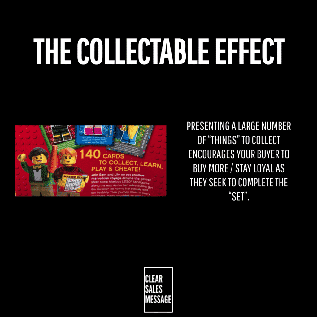 The collectable effect 1 Black background slide with the title the collectable effect left shows a lego themed image right has text about encouraging buyers to collect to complete the set small clear sales message logo at bottom center