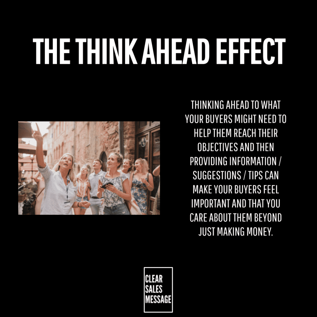 The think ahead effect Black slide with large title the think ahead effect group of people taking a selfie on the left right side text about anticipating buyers needs bottom clear sales message logo
