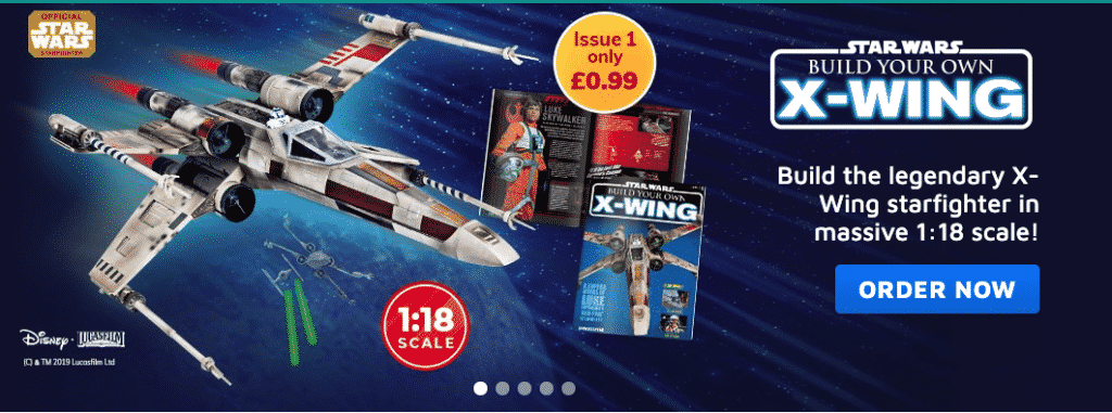 Screenshot 2020 10 02 at 08 35 41 Promotional banner for star wars build your own x wing kit featuring a large 118 scale x wing model packaging and an order now call to action on a space themed background