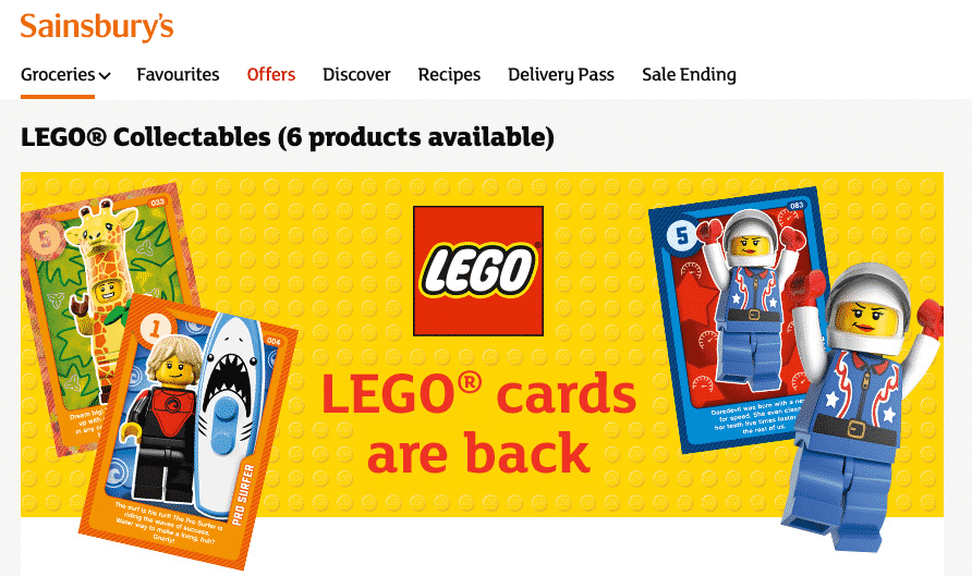 Screenshot 2020 10 02 at 08 37 23 Sainsburys lego collectables banner promoting lego cards on a yellow studded background with minifigures on the sides and the lego logo in the center