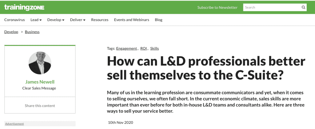 Blog article page title how can ld professionals better sell themselves to the c suite  by james newell with author portrait on the left