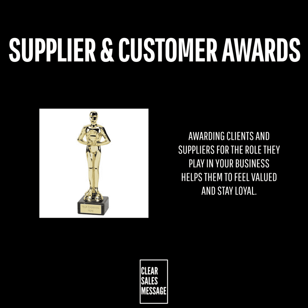 Black page with the title supplier  customer awards a gold statuette on a white square left and a right column explaining rewarding clients and suppliers to boost loyalty small clear sales message logo at bottom