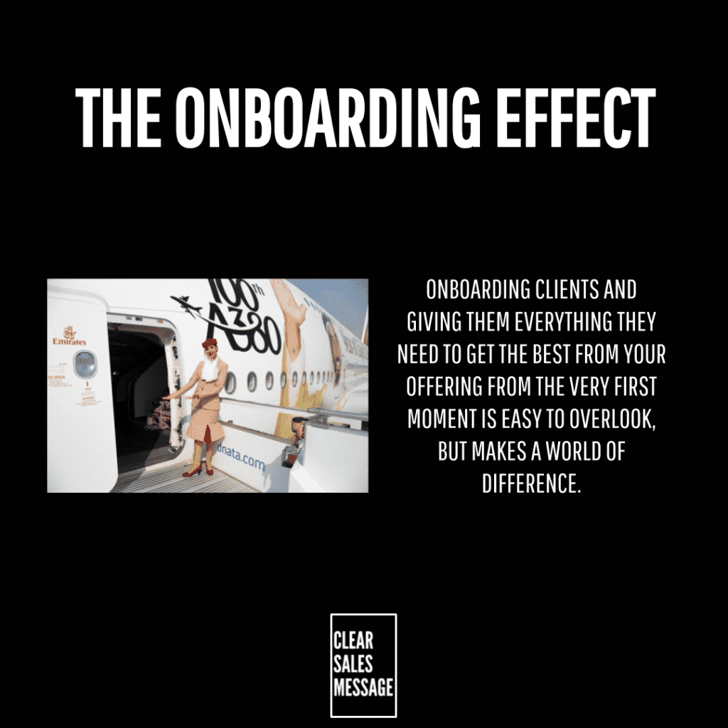Title slide reading the onboarding effect left image of a boarding jet with a costumed person stepping from a plane right block of onboarding text bottom center logo clear sales message