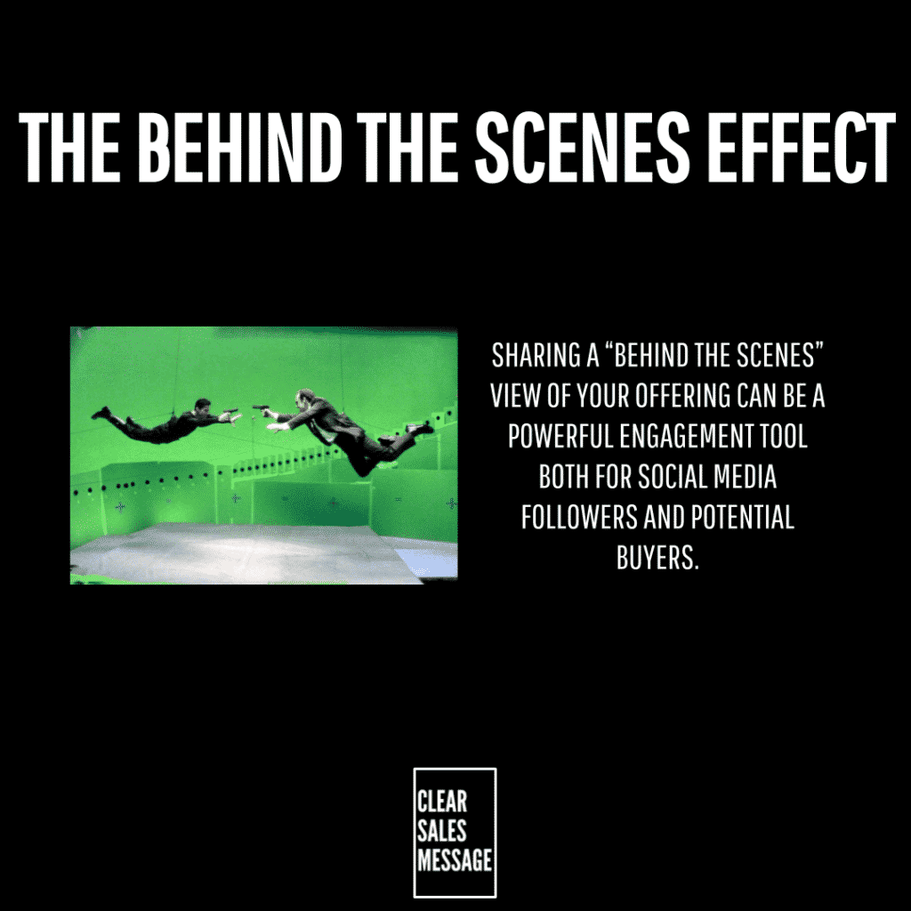 Black presentation slide with the title the behind the scenes effect left a green screen photo of two people jumping toward each other right a block of text about sharing behind the scenes views to boost engagement bottom logo reads clear sales message