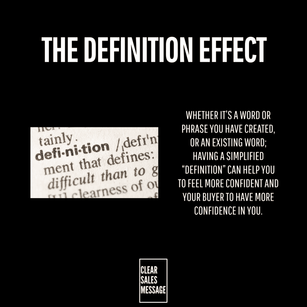 Poster titled the definition effect on black background left shows a dictionary image right contains a paragraph about how definitions boost confidence small clear sales message logo bottom center