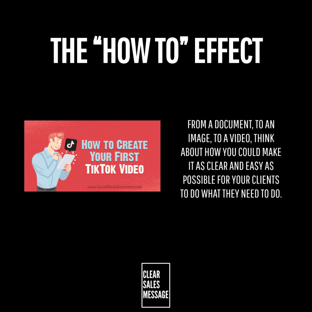 The how to effect 1 Black page with the title the how to effect in white lettering left shows a red banner illustration of a man with a tablet and tiktok graphic reading how to create your first tiktok video right is a column of white text about making content clear for clients bottom center features a white outlined box saying clear sales message