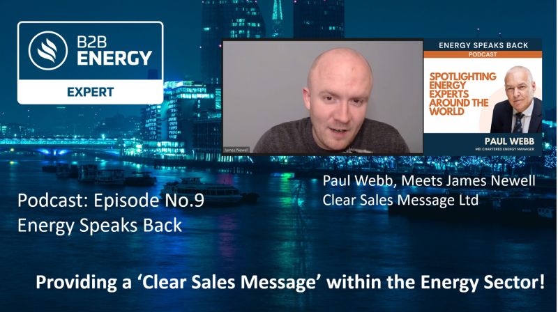 Banner for the b2b energy expert podcast energy speaks back showing a host on video and the episode title providing a clear sales message within the energy sector