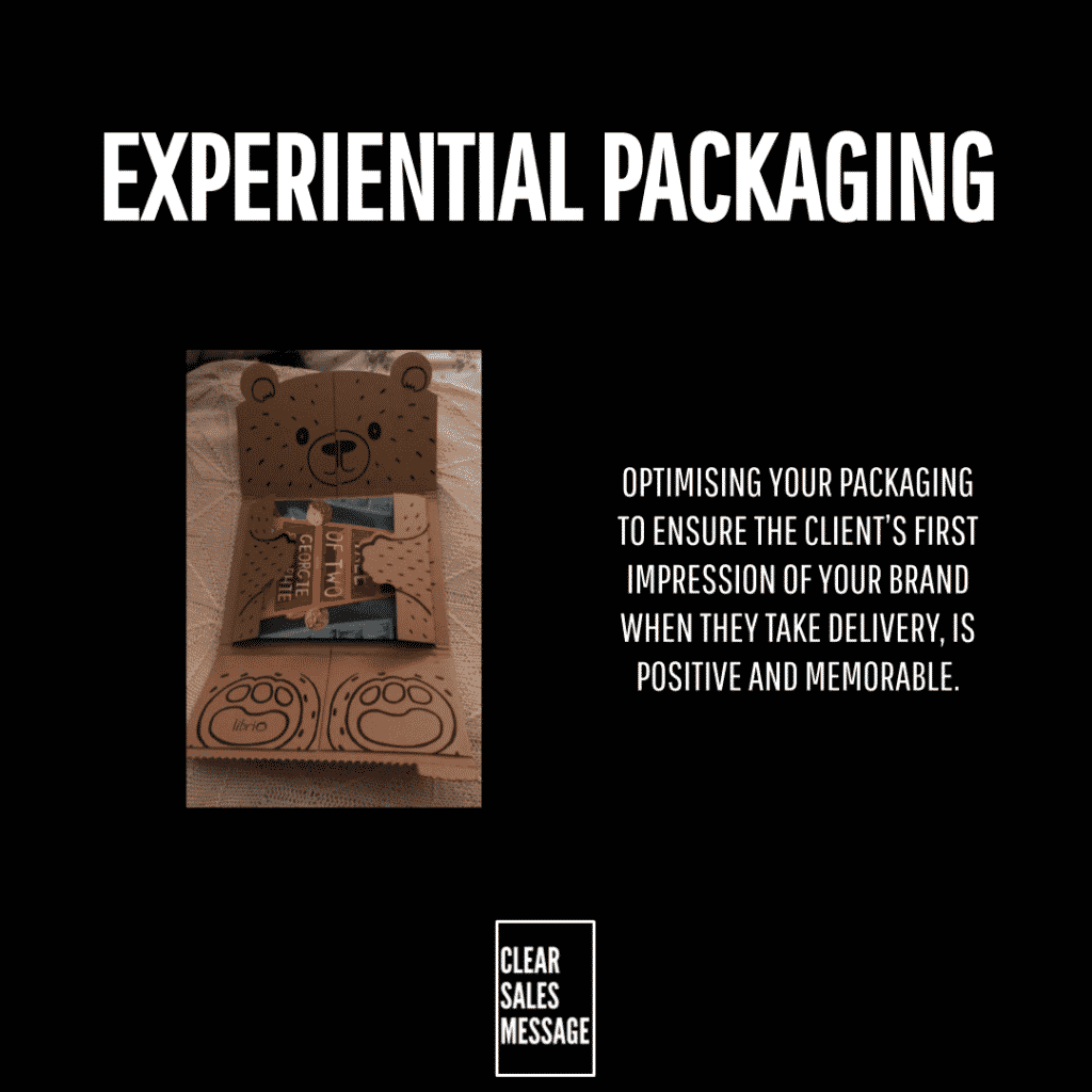 Marketing graphic about experiential packaging left shows a bear shaped cardboard box right features text about creating a positive first impression with a clear sales message box at the bottom