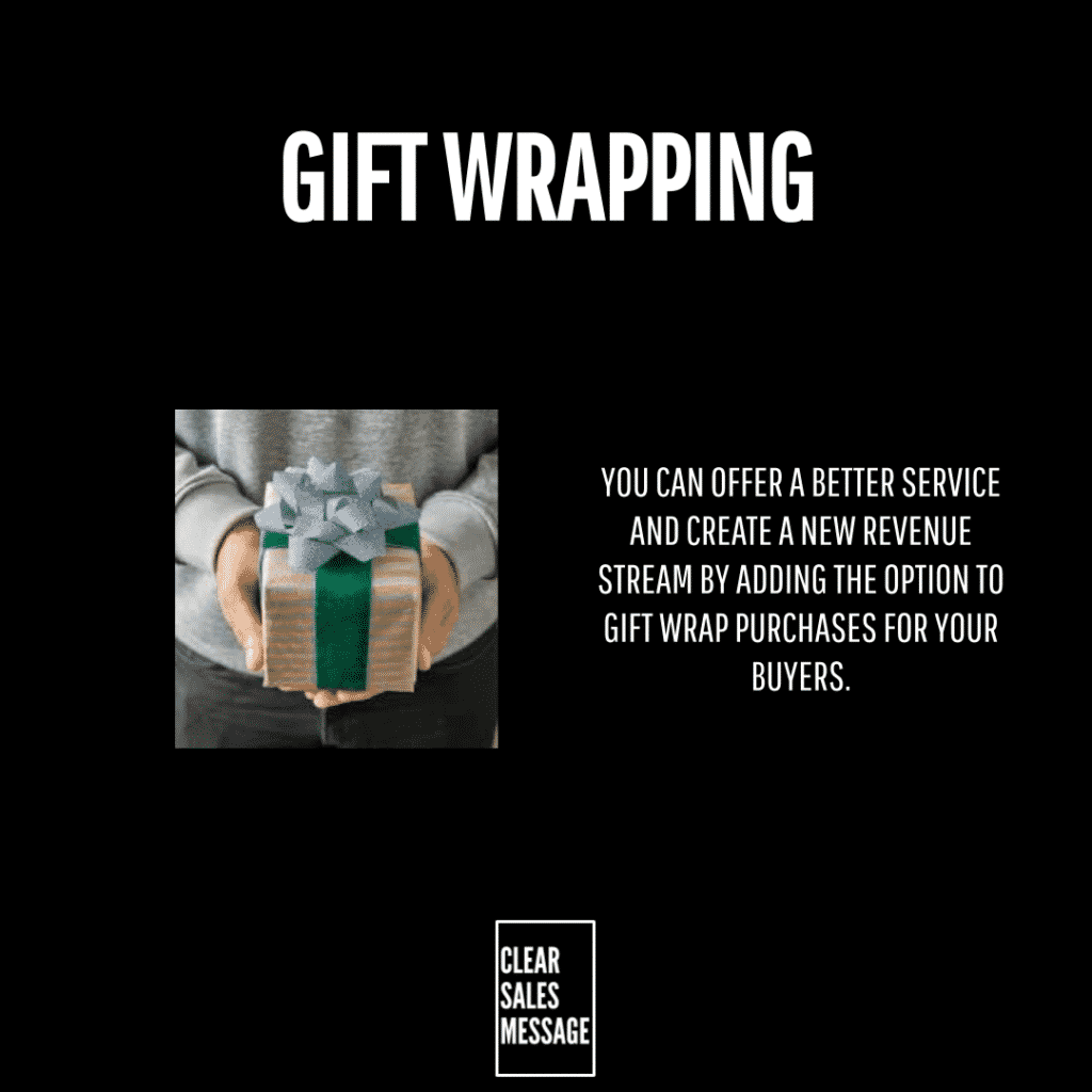 Slide about gift wrapping service left shows hands presenting a wrapped gift with green ribbon right contains a service message improve revenue with gift wrap option