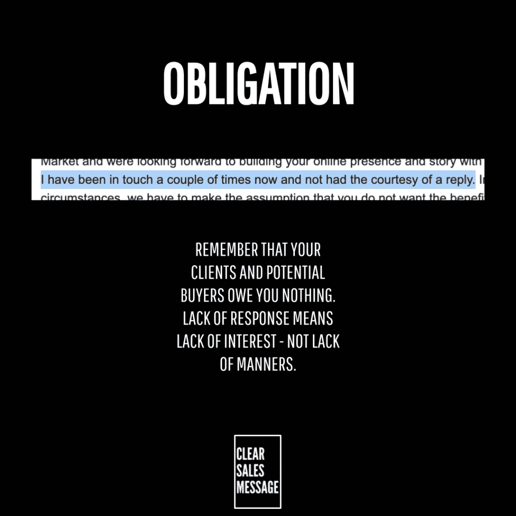 Motivational poster obligation title a highlighted quote about communicating with clients and a clear sales message logo at bottom