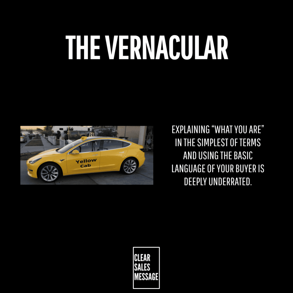 Slide titled the vernacular on a black background left yellow taxi labeled yellow cab right paragraph about explaining what you are in plain language bottom center logo reads clear sales message